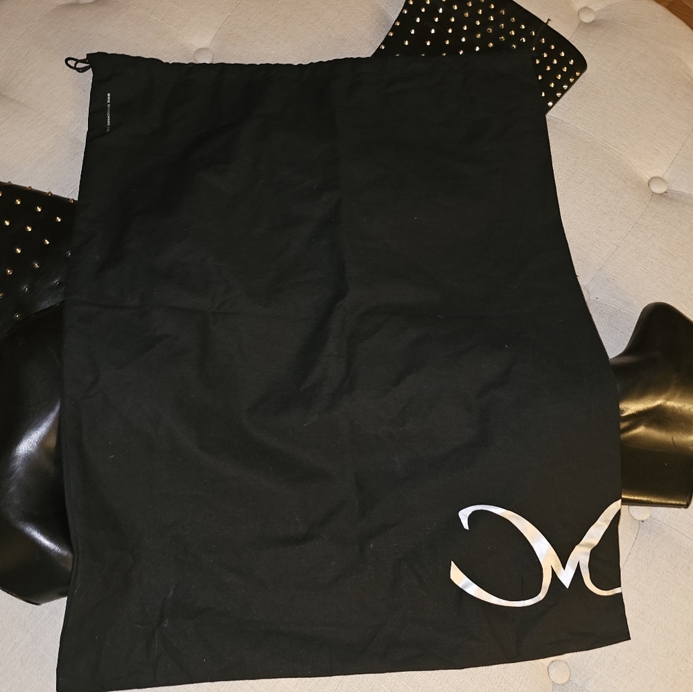 New Monica Chiang Thigh High Black Leather Gold Studs Covered Wedge Boots 40 - Picture 8 of 16